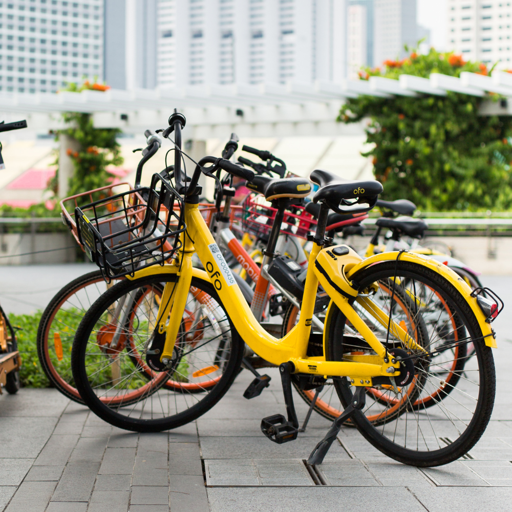 Bicycles lined up on the sidewalk