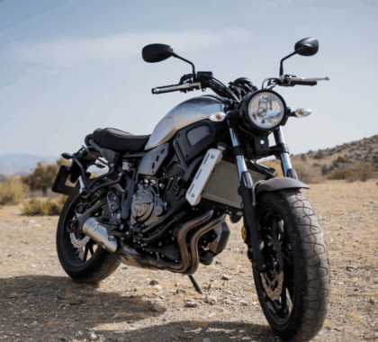 A motorcycle in a mountainous landscape