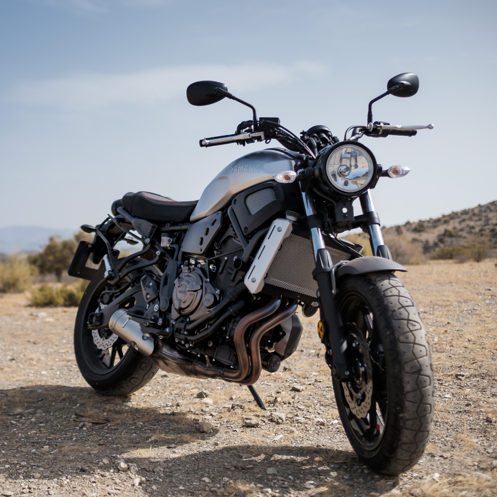 A motorcycle in a mountainous landscape