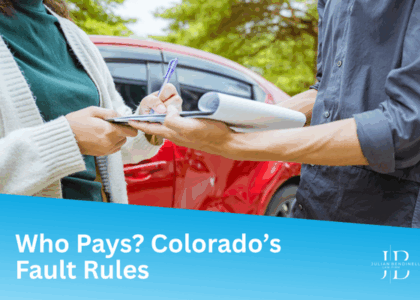 A man holds a clipboard with paperwork while a woman signs, with a damaged vehicle in the background