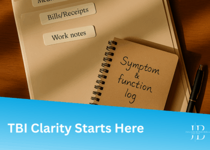 A manilla folder titled Bills/Receipts and Work Notes sits on a desk with a notebook titled Symptom & Function Log