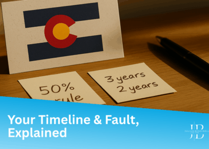 A postcard with the Colorado flag sits behind two sitcky notes indicating the amount of time someone has to file a claim after a car accident