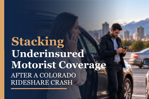 Blog graphic on stacking underinsured motorist coverage after a Colorado rideshare crash, Julian Bendinelli Law Firm