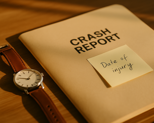 Warm sunlight on a folder titled Crash Report with a sticky note that says Date of Injury with a wristwatch next to them