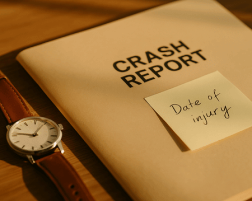 Warm sunlight on a folder titled Crash Report with a sticky note that says Date of Injury with a wristwatch next to them