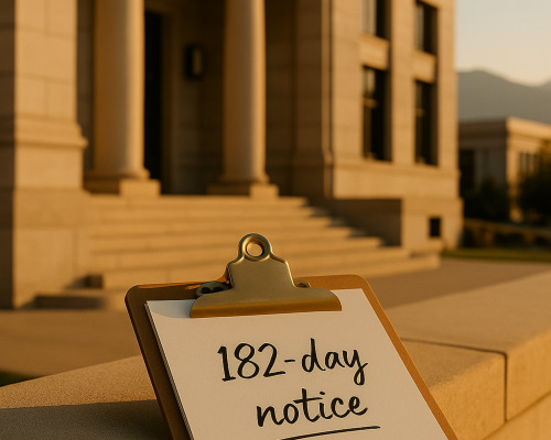 Municipal building with a clipboard showing ‘182-day notice’ for Colorado CGIA claims
