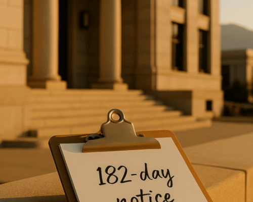 Municipal building with a clipboard showing ‘182-day notice’ for Colorado CGIA claims