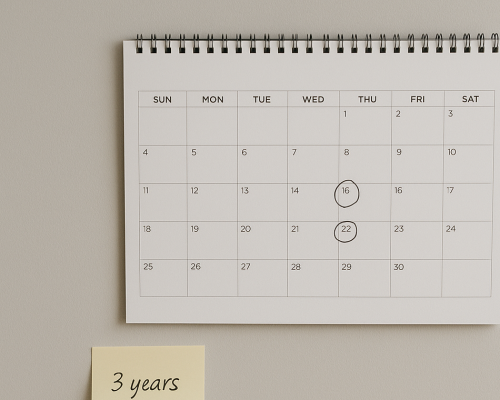 A wall calendar with key dates circled, and a sticky note indicating lawsuit deadlines after a car accident in Colorado