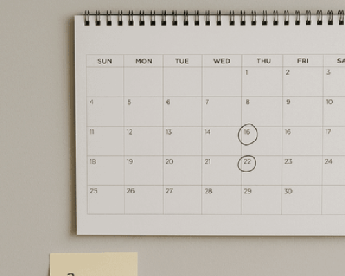 A wall calendar with key dates circled, and a sticky note indicating lawsuit deadlines after a car accident in Colorado