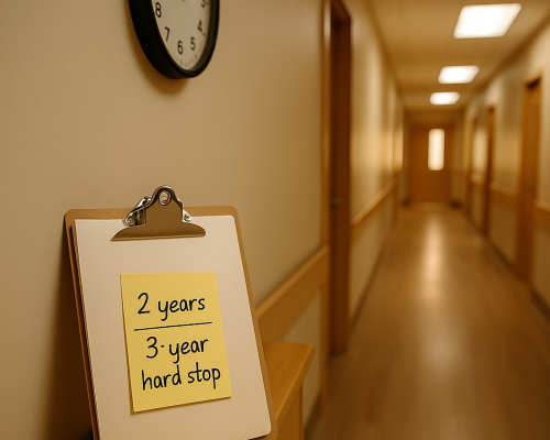 A clipboard with a sticky note that highlights medical malpractice deadlines in Colorado, in a long warm hallway with an analog clock on the wall
