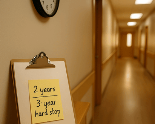 A clipboard with a sticky note that highlights medical malpractice deadlines in Colorado, in a long warm hallway with an analog clock on the wall