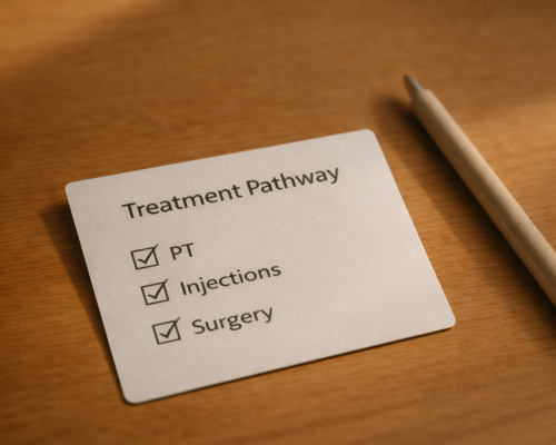 Treatment options card with checkboxes for PT, injections, and surgery.