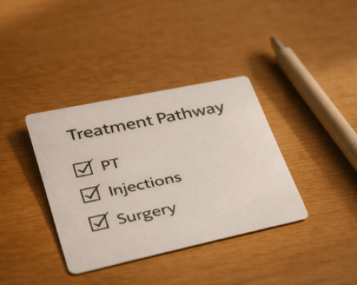 Treatment options card with checkboxes for PT, injections, and surgery.