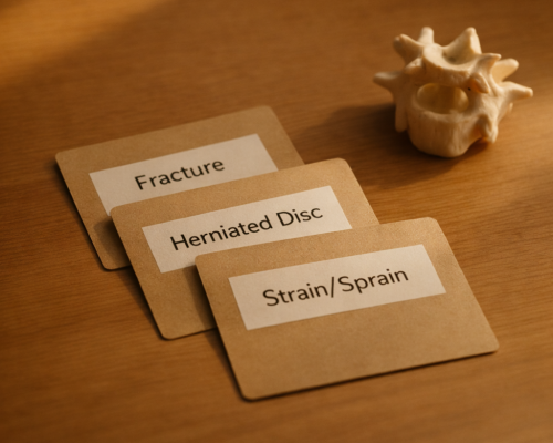 Cards labeled strain/sprain, herniated disc, and fracture beside a vertebra model.