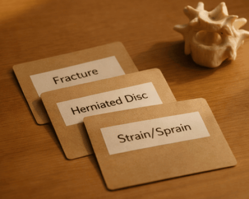 Cards labeled strain/sprain, herniated disc, and fracture beside a vertebra model.