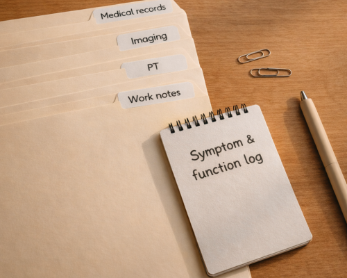 Labeled folders for records, imaging, PT, and work notes beside a symptom & function log.