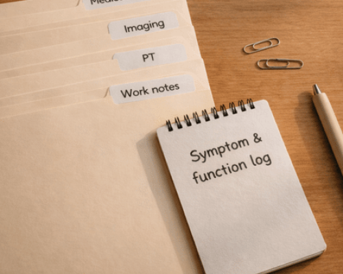 Labeled folders for records, imaging, PT, and work notes beside a symptom & function log.
