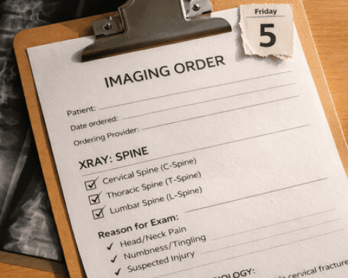 A clipboard with an imaging order form indicating the patient needs an X-Ray of their cervical spine, thoracic spine, and lumbar spine