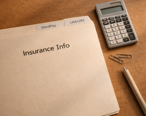 Manilla folder labeled Insurance Info with MedPay and UM/UIM tabs, calculator, and clips.