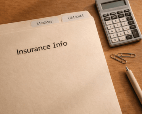 Manilla folder labeled Insurance Info with MedPay and UM/UIM tabs, calculator, and clips.