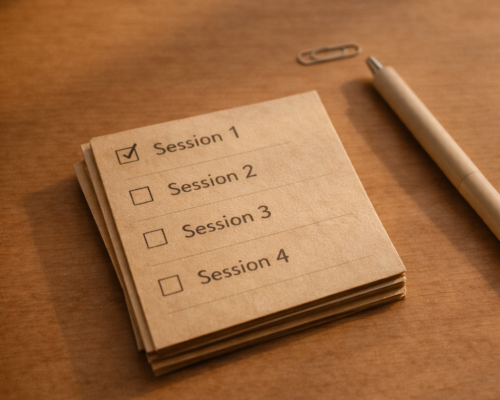 Stack of kraft session cards with simple checkmarks showing steady progress.