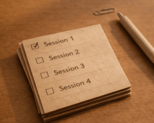 Stack of kraft session cards with simple checkmarks showing steady progress.