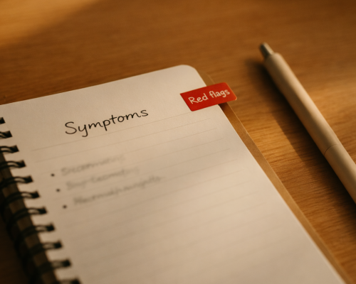 Open symptom journal with a red ‘Red flags’ tab on a wooden desk