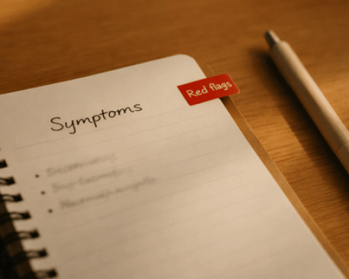 Open symptom journal with a red ‘Red flags’ tab on a wooden desk