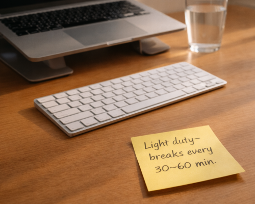 Desk with a laptop and keyboard in the background, and a sticky note reminder to take light duty breaks throughout the workday