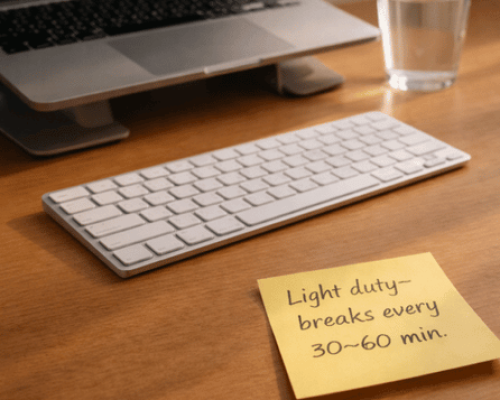 Desk with a laptop and keyboard in the background, and a sticky note reminder to take light duty breaks throughout the workday
