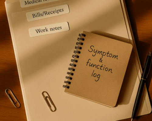 Organized folders for medical records, bills, and work notes beside a symptom and function log.