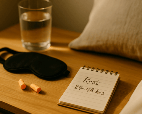 Bedside table with water and a note reading Rest 24–48 hours, suggesting early concussion care.