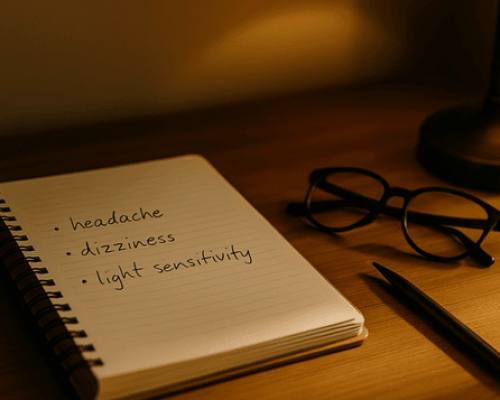 Open symptom journal listing headache, dizziness, and light sensitivity on a sunlit desk