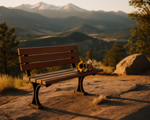 Quiet Colorado landscape with flowers on a bench, symbolizing a respectful wrongful death discussion