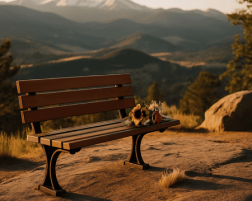Quiet Colorado landscape with flowers on a bench, symbolizing a respectful wrongful death discussion